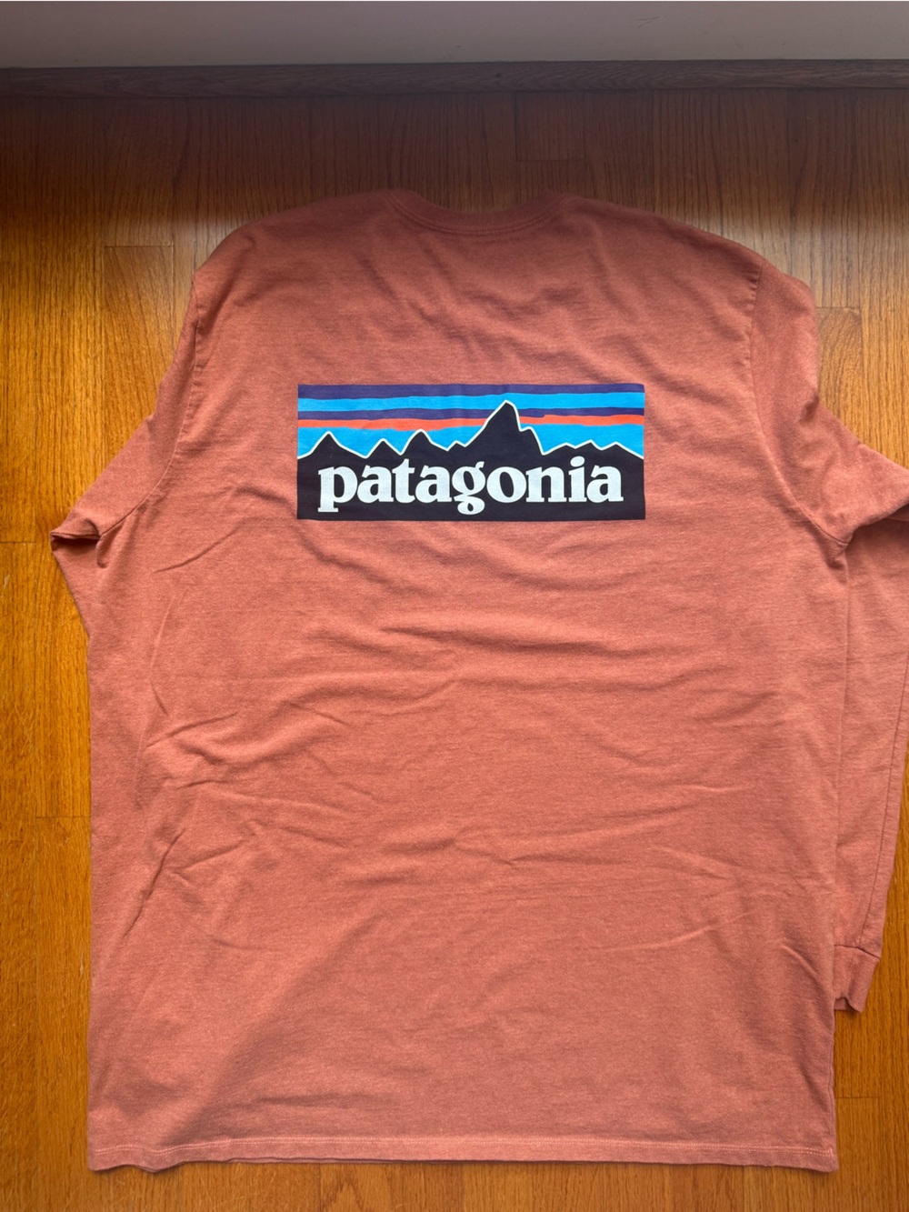 Patagonia Long Sleeve Logo T- Rusty Rose with Blue Accents Size: XL